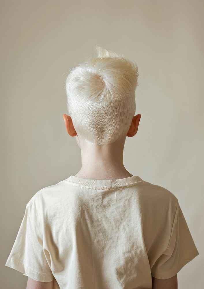 A albino kid wear cream t shirt back individuality hairstyle.
