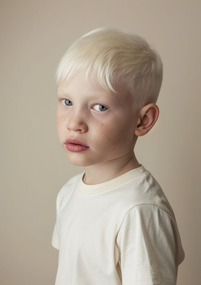 A albino kid wear cream t shirt hairstyle innocence portrait.