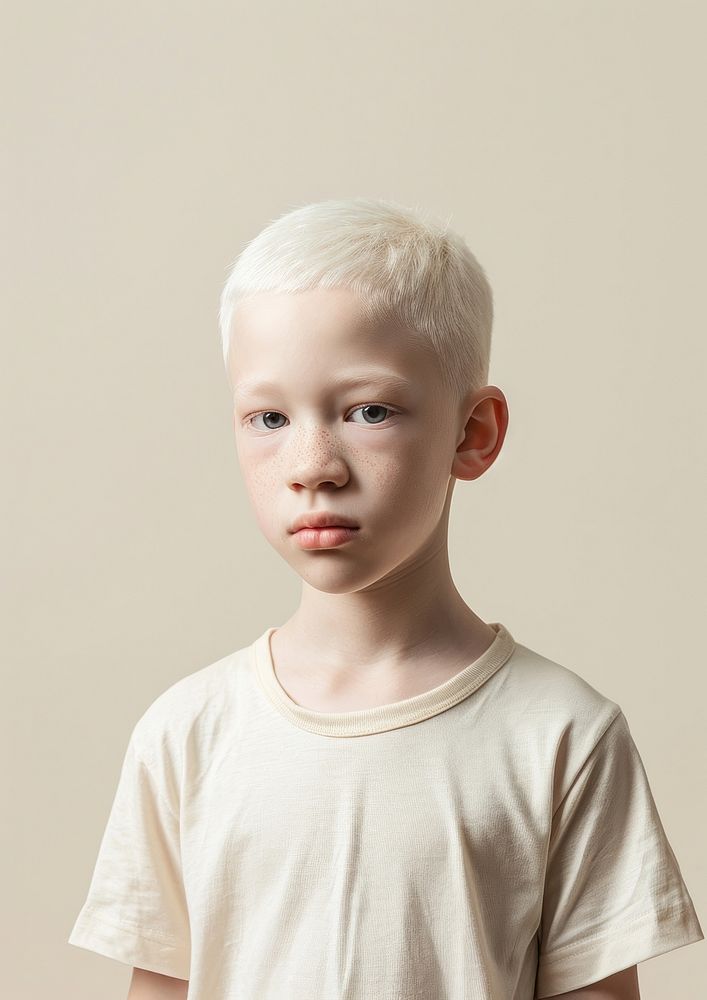 Albino kid wear cream t shirt portrait child photo.