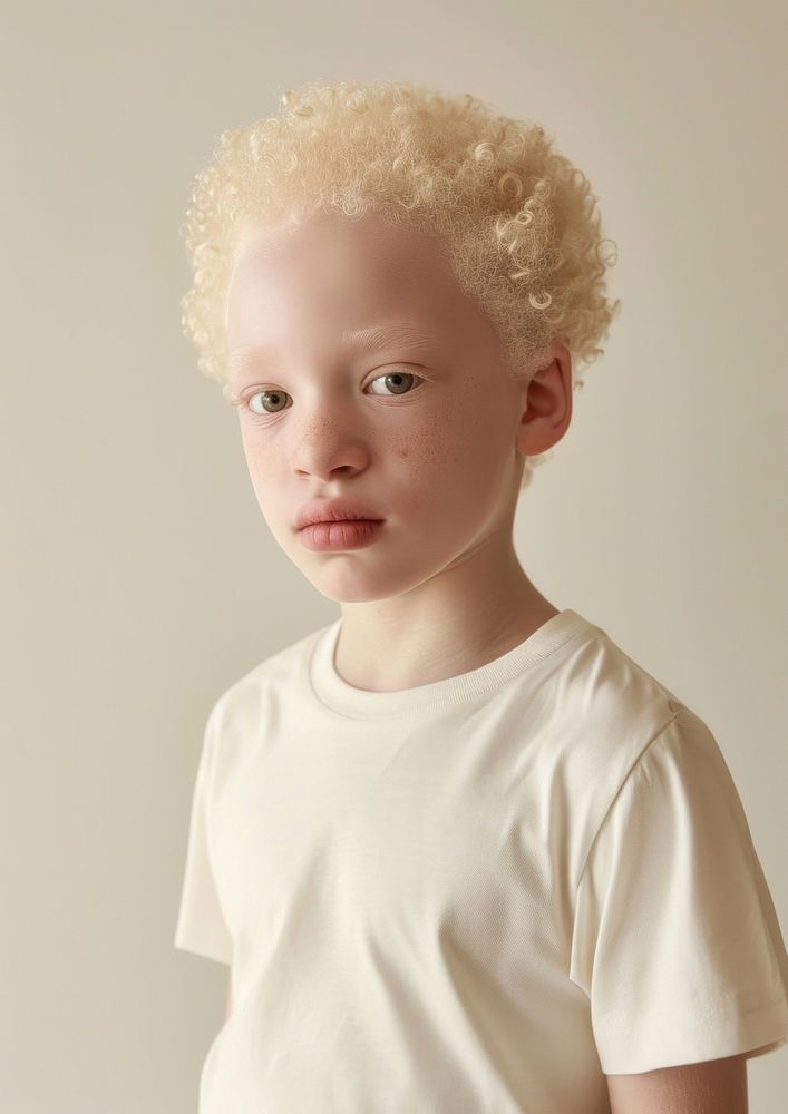 A albino kid wear cream t shirt portrait photo photography.