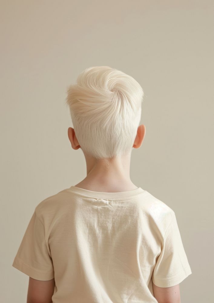 A albino kid wear cream t shirt child back hairstyle.