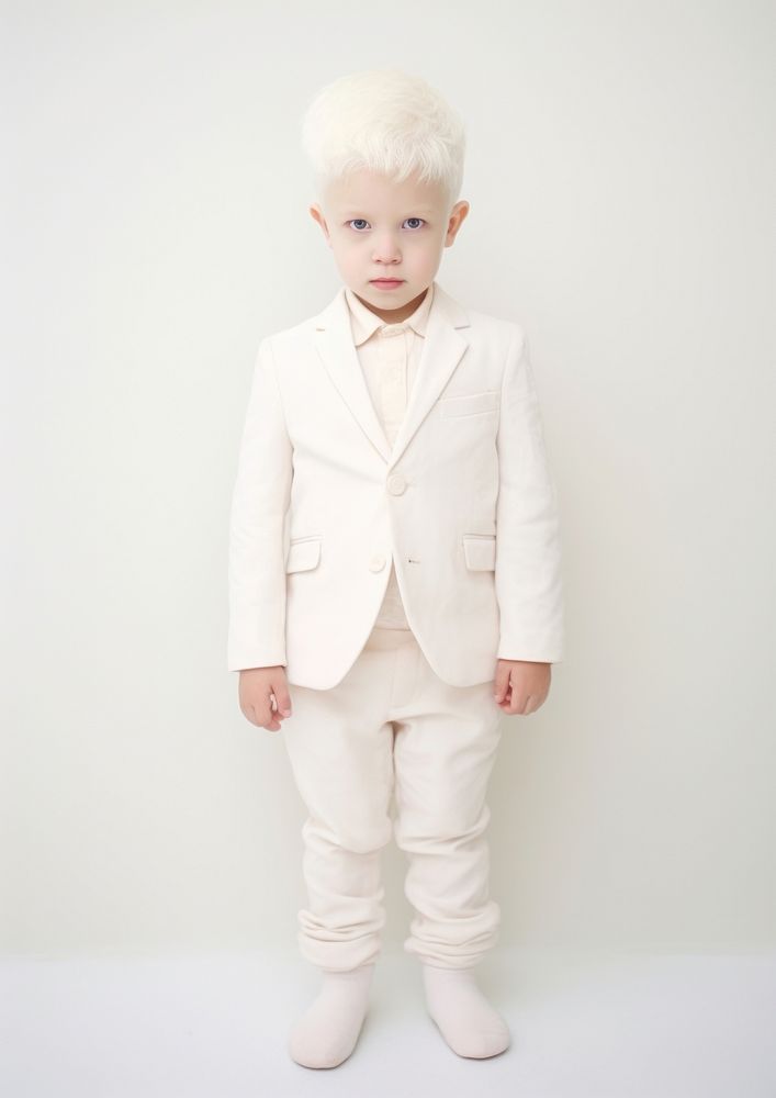 A happy albino kid wear cream casual suit portrait fashion child.