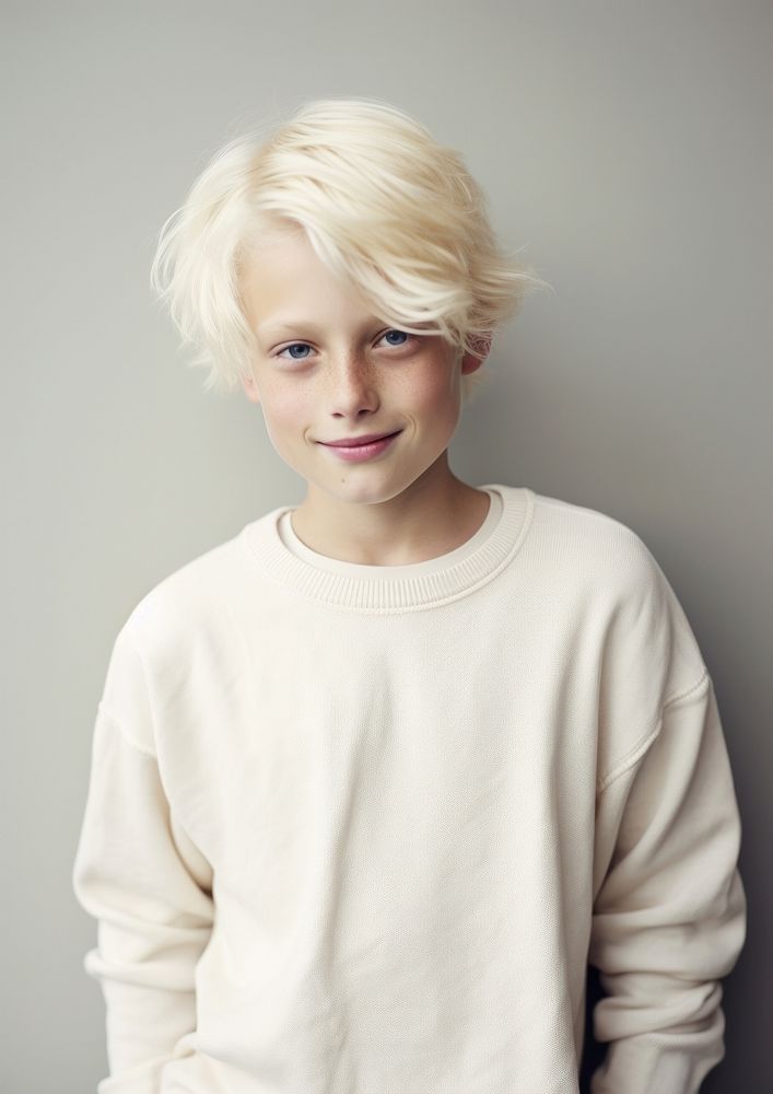 A happy albino kid wear cream sweater adult hairstyle happiness.