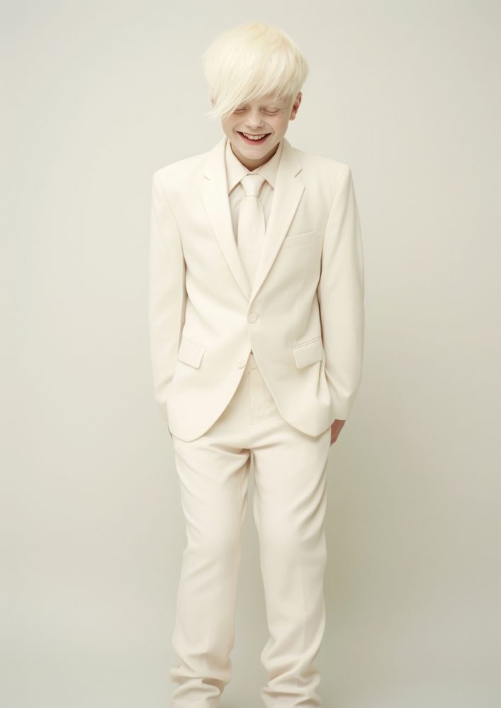 A happy albino kid wear cream casual suit portrait fashion tuxedo.