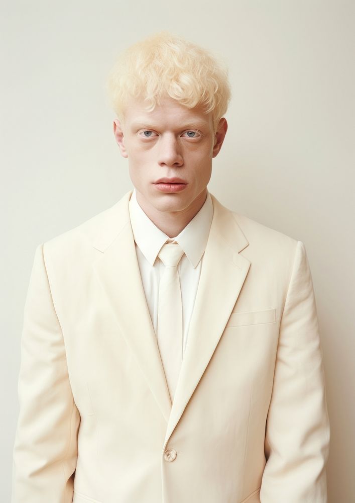 A happy albino man wear cream casual suit portrait fashion adult.