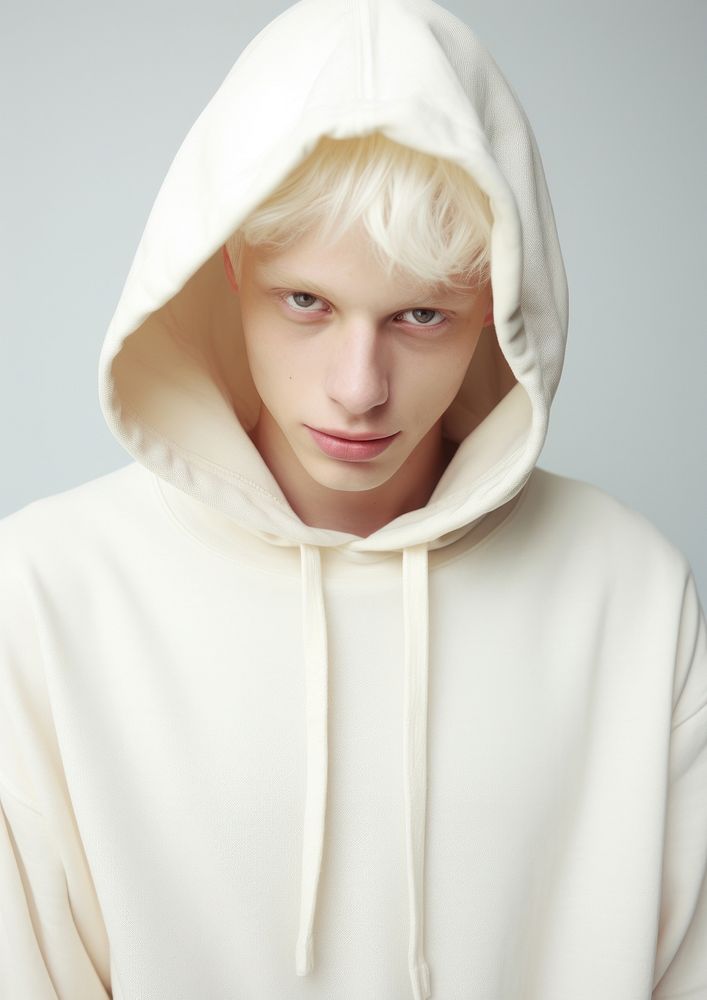 A happy albino teenager wear cream hoodie sweatshirt portrait fashion.