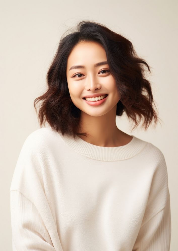 A happy mixed race japanese woman wear cream sweater fashion adult smile.