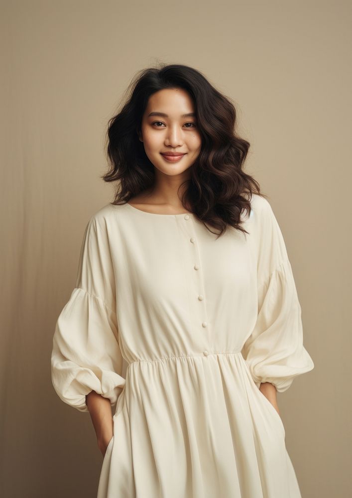 A happy mixed race korean woman wear cream dress fashion sleeve blouse.