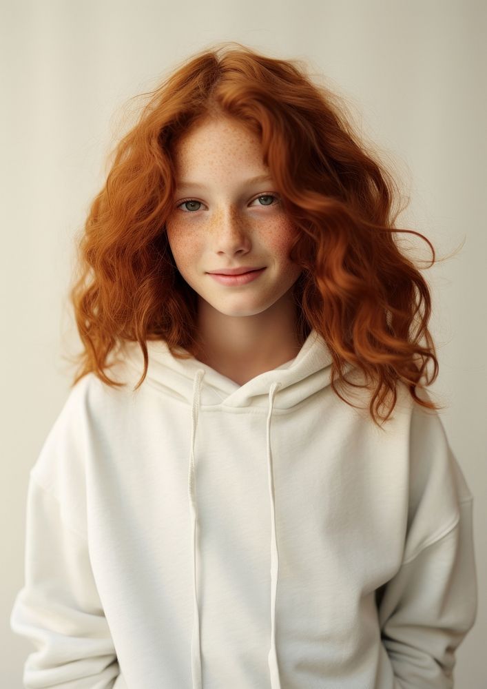 A happy red hair kid wear cream hoodie portrait fashion photo.