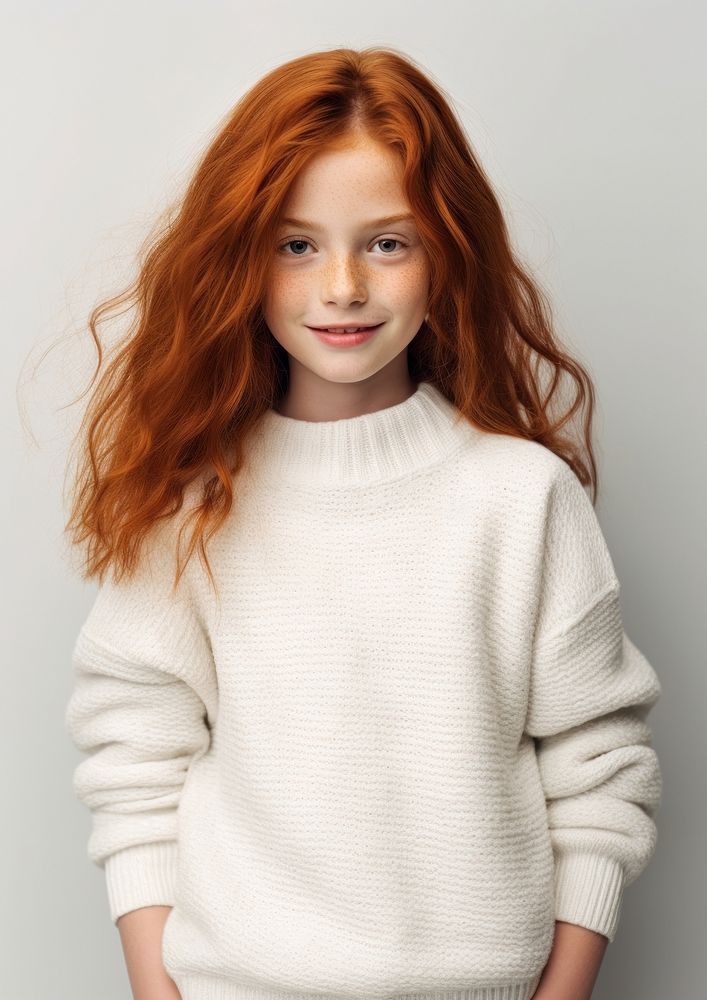 A happy red hair kid wear cream sweater portrait fashion photo.
