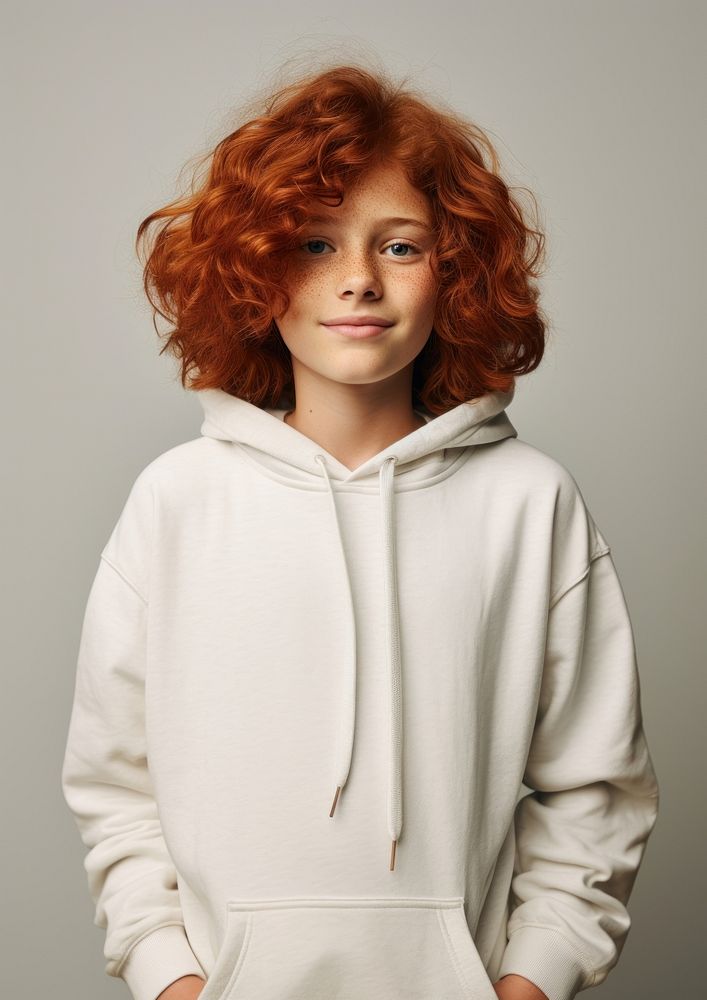 A happy red hair kid wear cream hoodie sweatshirt portrait fashion.