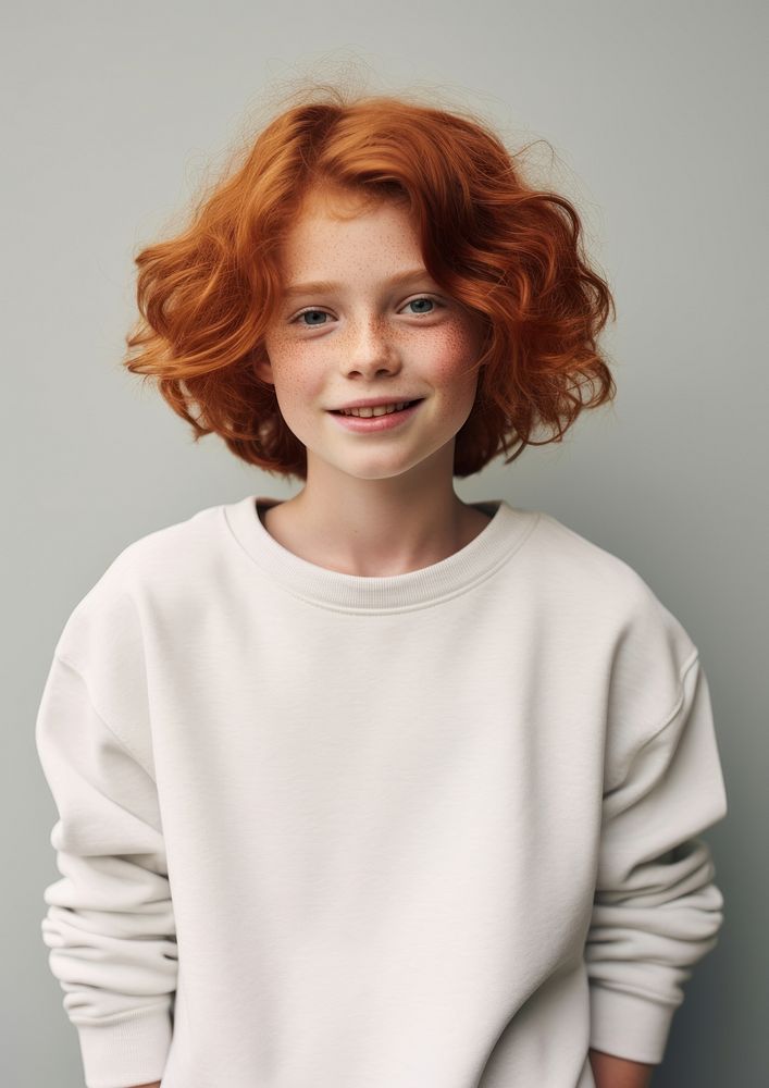 A happy red hair kid wear cream sweater portrait smile photo.