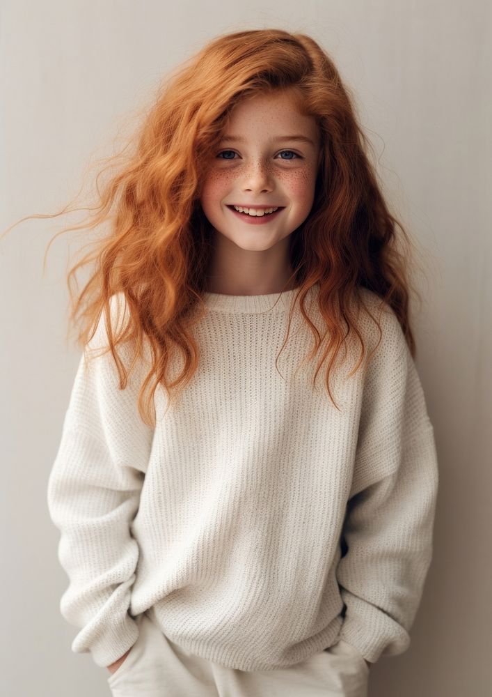A happy red hair kid wear cream sweater portrait fashion child.