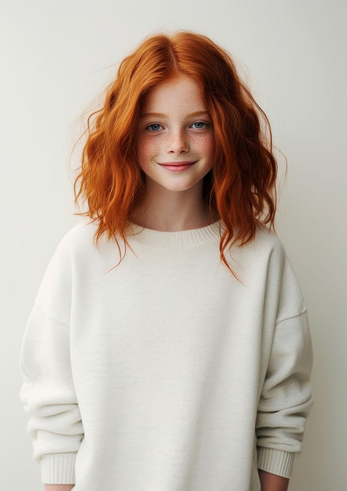 A happy red hair kid wear cream sweater portrait fashion photo.