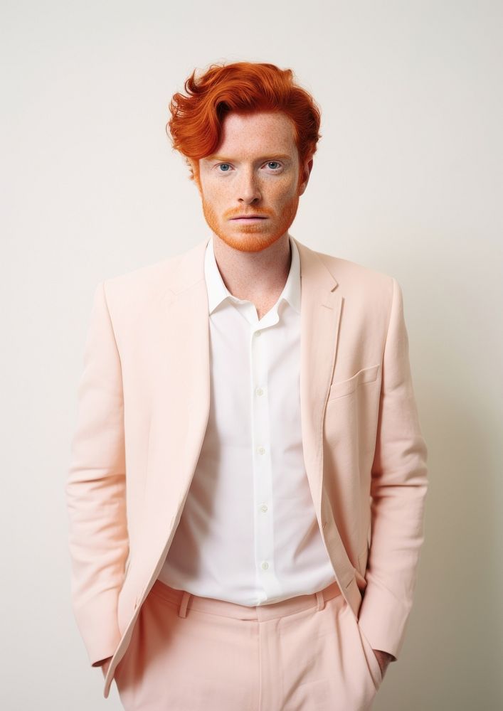 A happy red hair man wear cream casual suit minimal portrait fashion blazer.