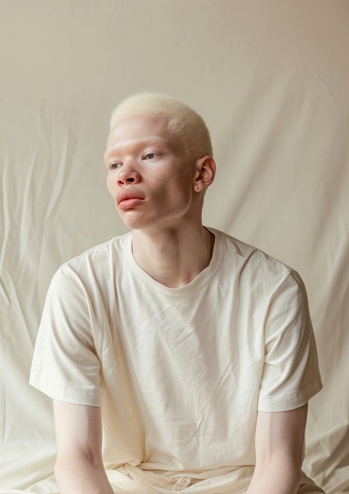 A middle age albino wear cream t shirt portrait photo photography.