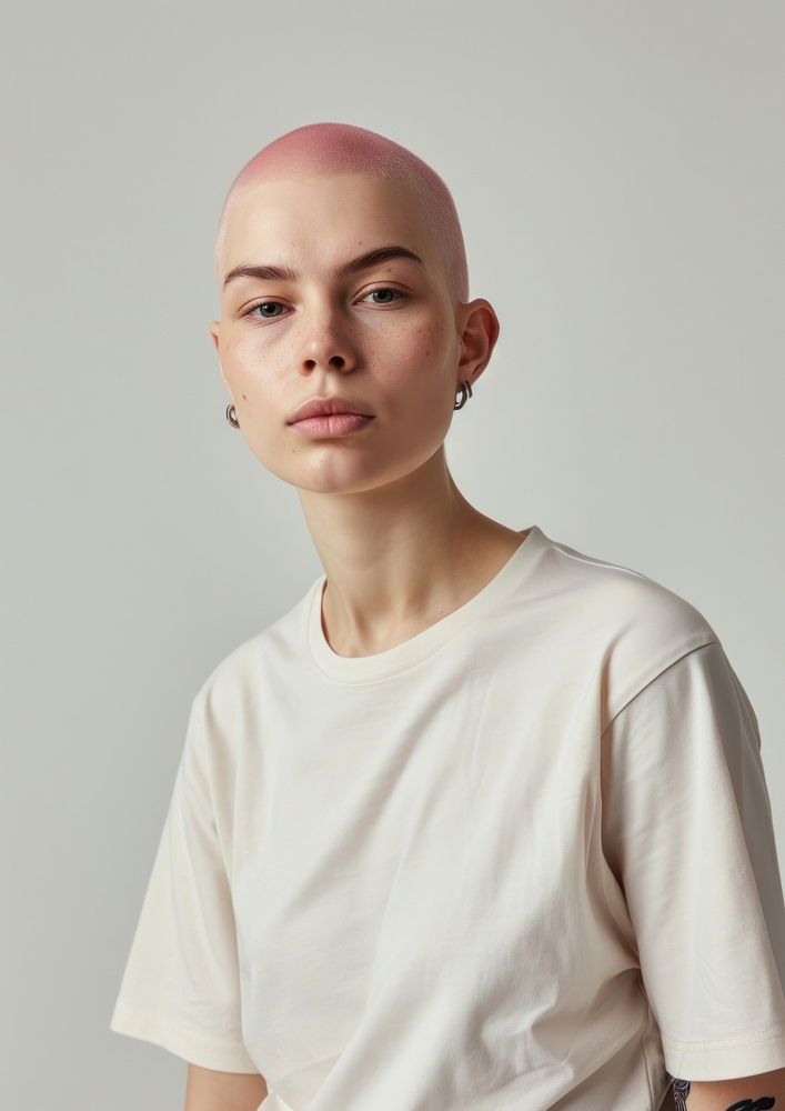 A pink skinhead hair woman wear cream t shirt portrait fashion adult.