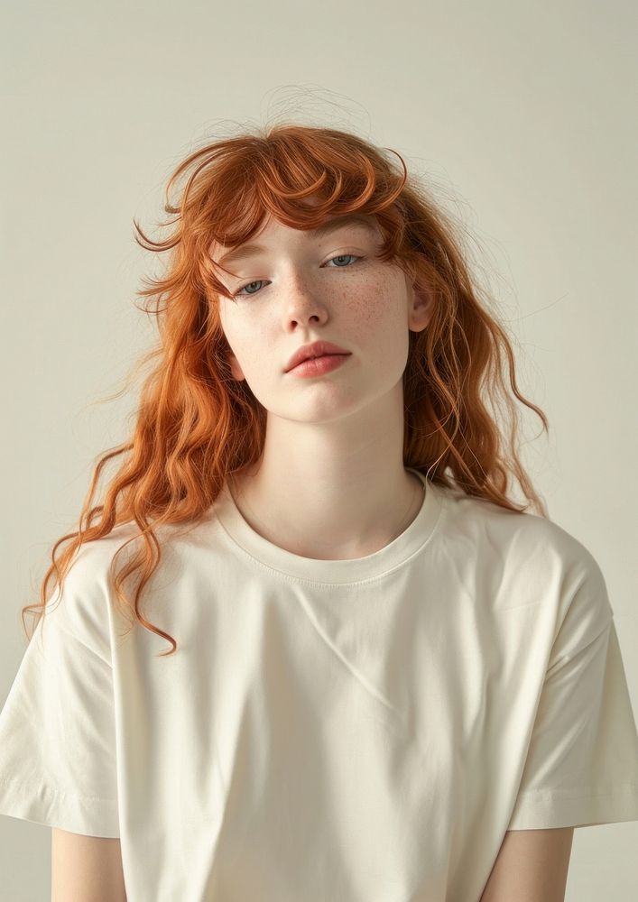 A red hair woman wear cream t shirt portrait fashion photo.