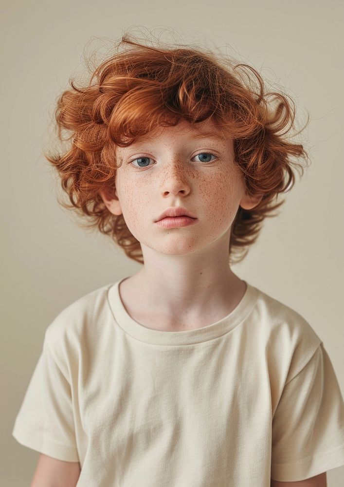 A red hair kid wear cream t shirt portrait photo individuality.