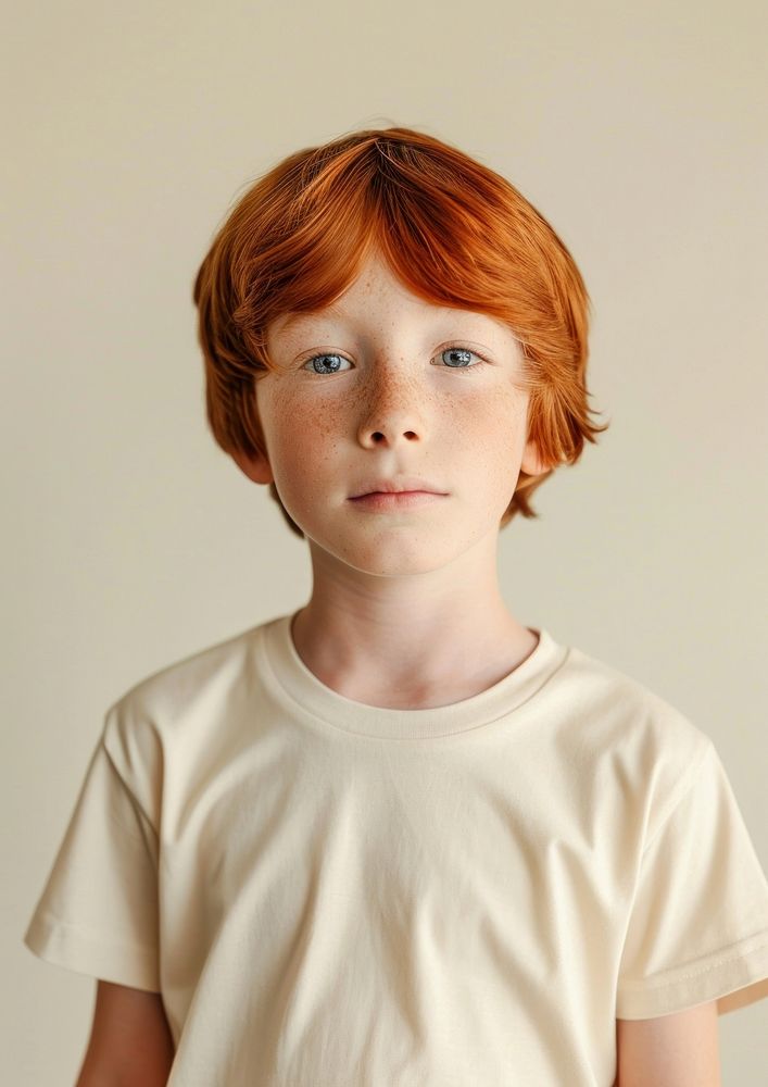 A red hair kid wear cream t shirt portrait t-shirt child.