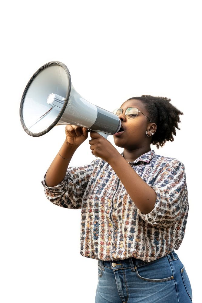 African woman use Megaphone photo white background performance.