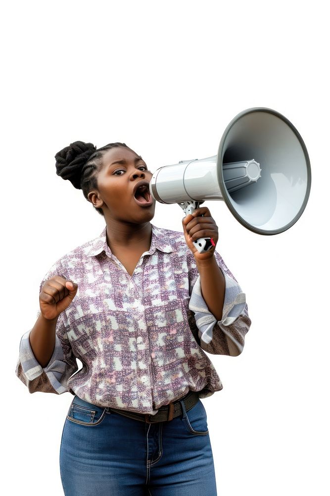 African woman use Megaphone shouting adult white background.