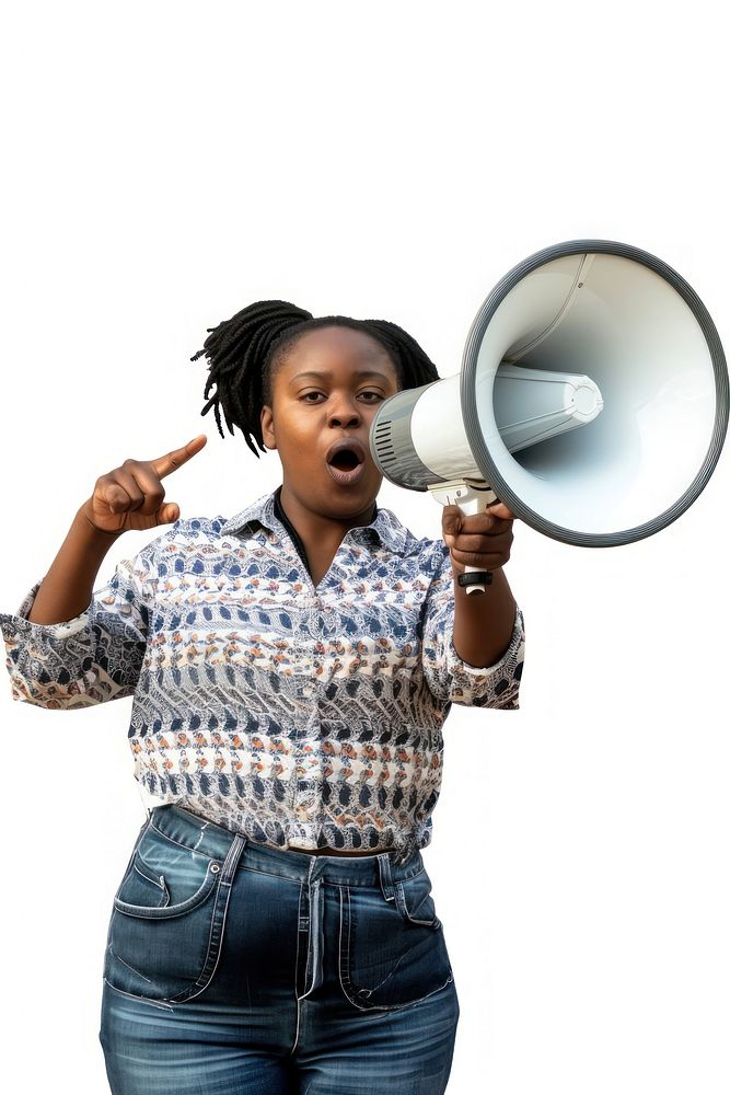 African woman use Megaphone adult white background performance.