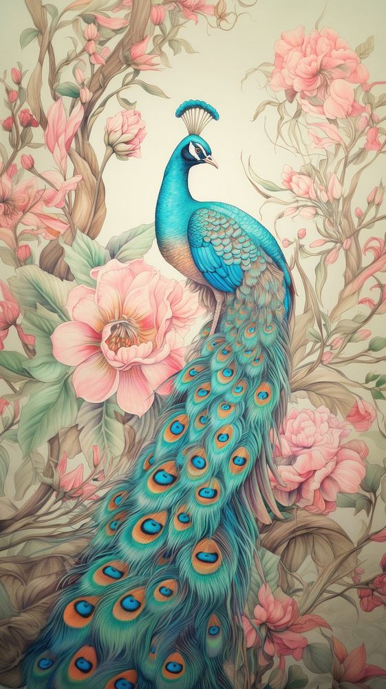 Wallpaper on peacock painting drawing animal.