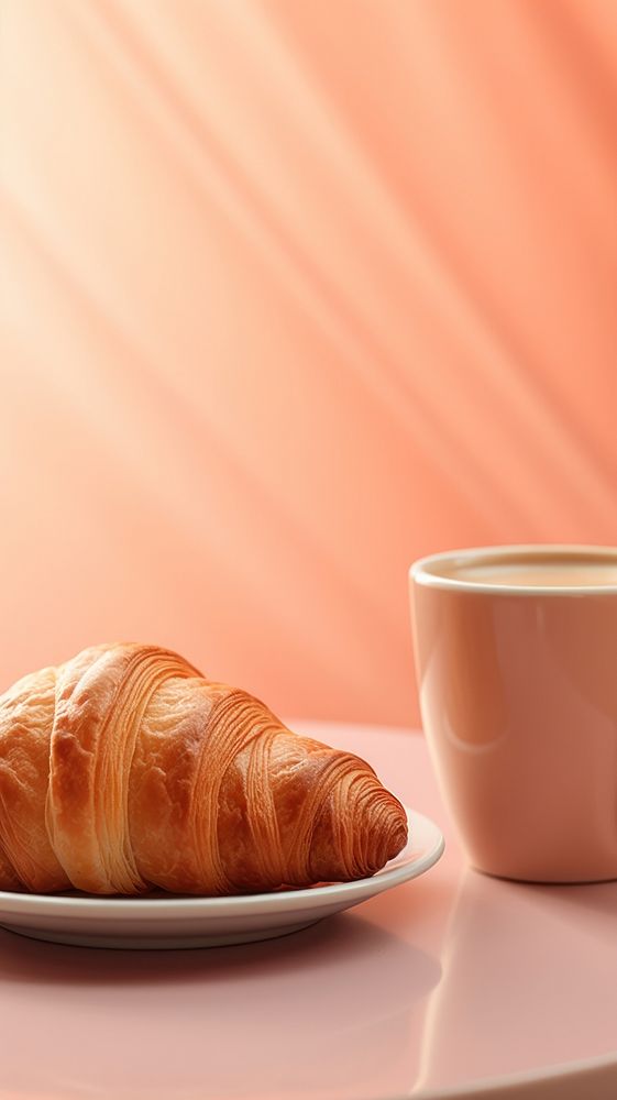 A croissant sitting on top of a cup of coffee bread food mug.