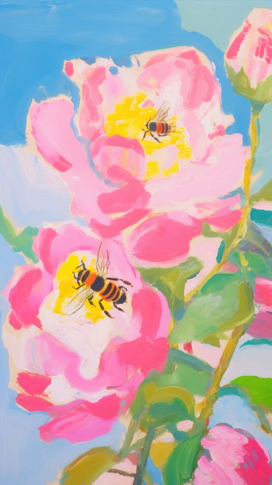 Bee with flowers painting art blossom.
