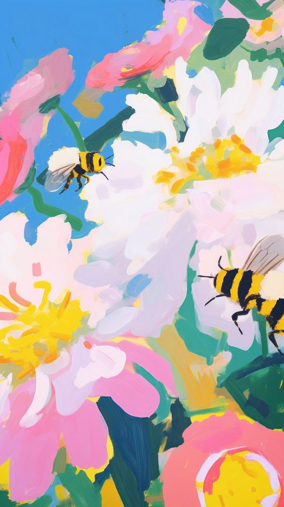 Bee with flowers painting backgrounds blossom.