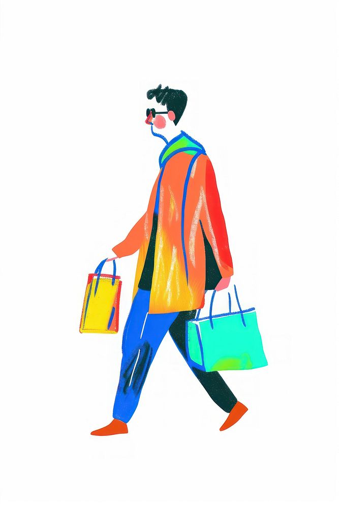 Man walking enjoy music with shopping adult bag white background.
