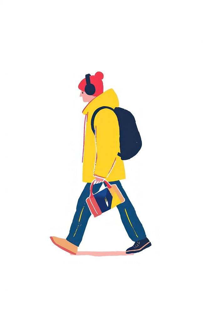 Man walking enjoy music with shopping white background creativity backpack.