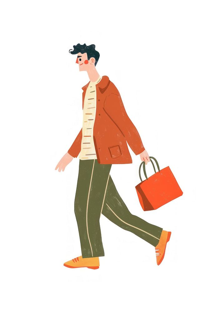 Man walking enjoy music with shopping handbag white background accessories.
