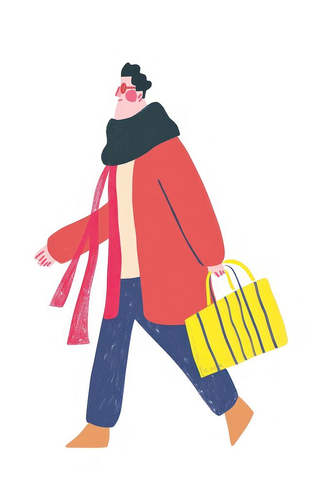 Man walking enjoy music with shopping handbag adult white background.