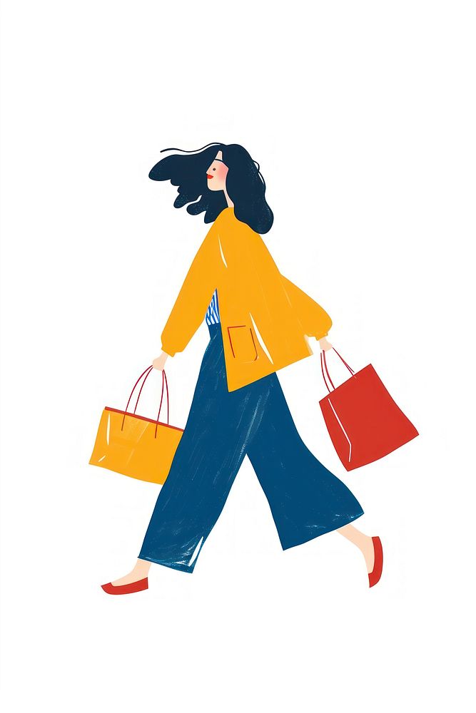Woman walking enjoy music with shopping handbag adult white background.