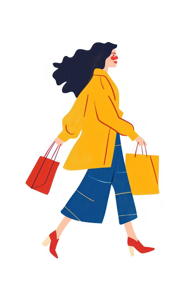 Woman walking enjoy music with shopping footwear handbag white background.