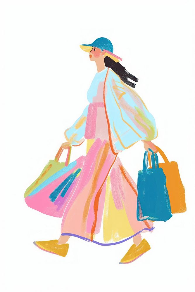 Woman walking enjoy music with shopping handbag adult white background.
