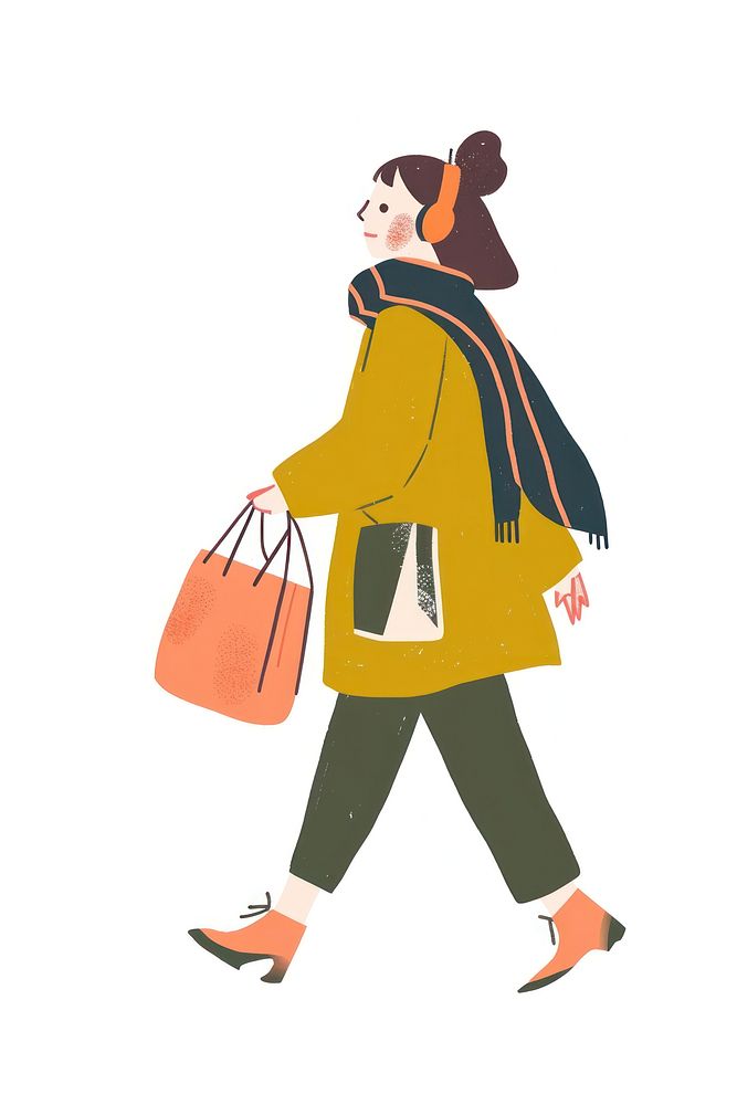 Woman walking enjoy music with shopping handbag cartoon coat.
