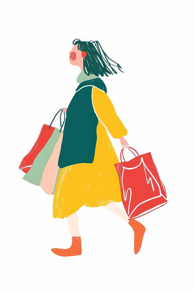 Woman walking enjoy music with shopping handbag white background consumerism.