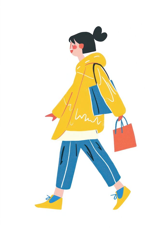 Woman walking enjoy music with shopping white background consumerism footwear.
