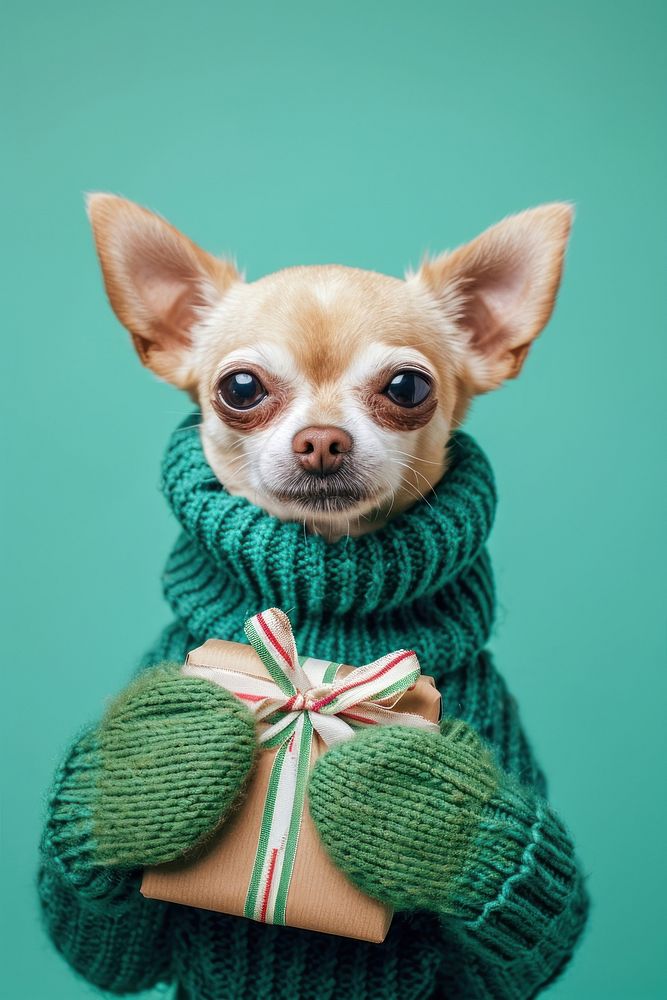 Chihuahua wearing green sweater and gloves portrait mammal animal.
