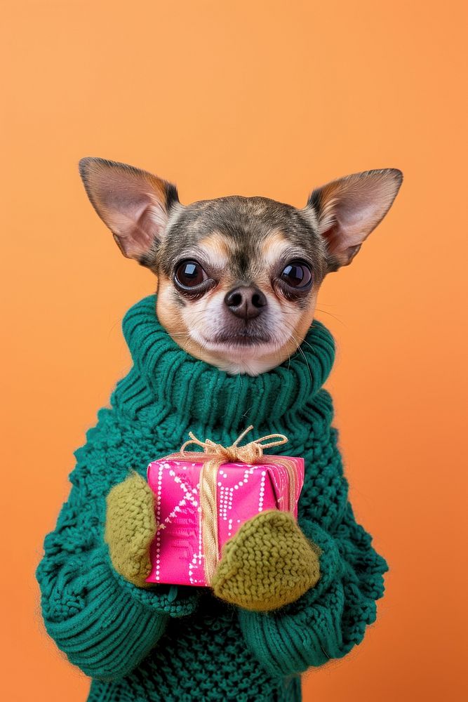 Chihuahua wearing green sweater and gloves portrait holding mammal.