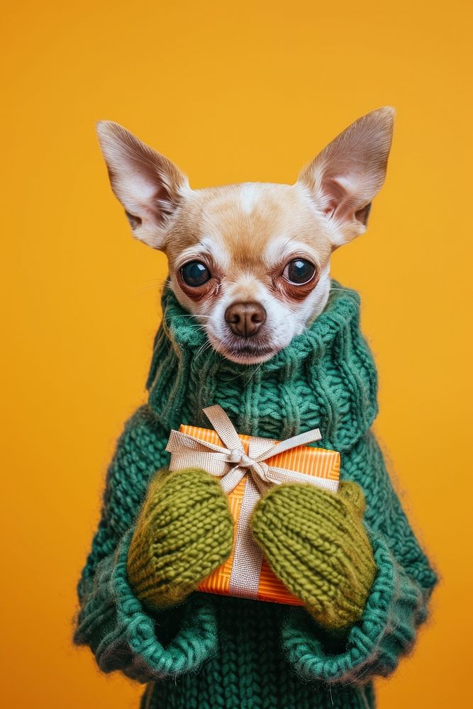 Chihuahua wearing green sweater and gloves portrait mammal animal.