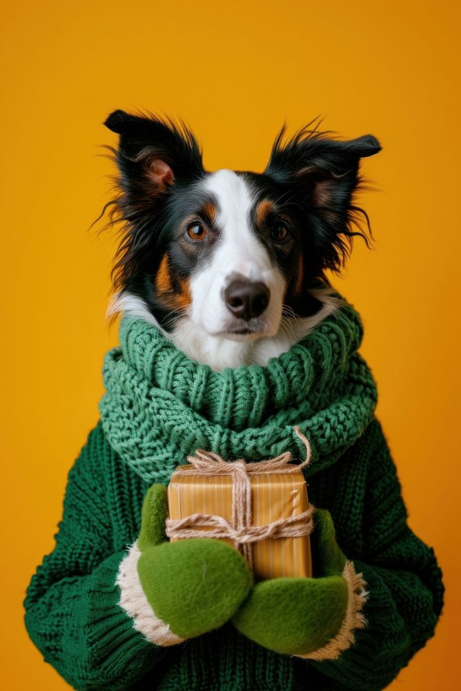 Collie wearing green sweater and gloves portrait mammal animal.