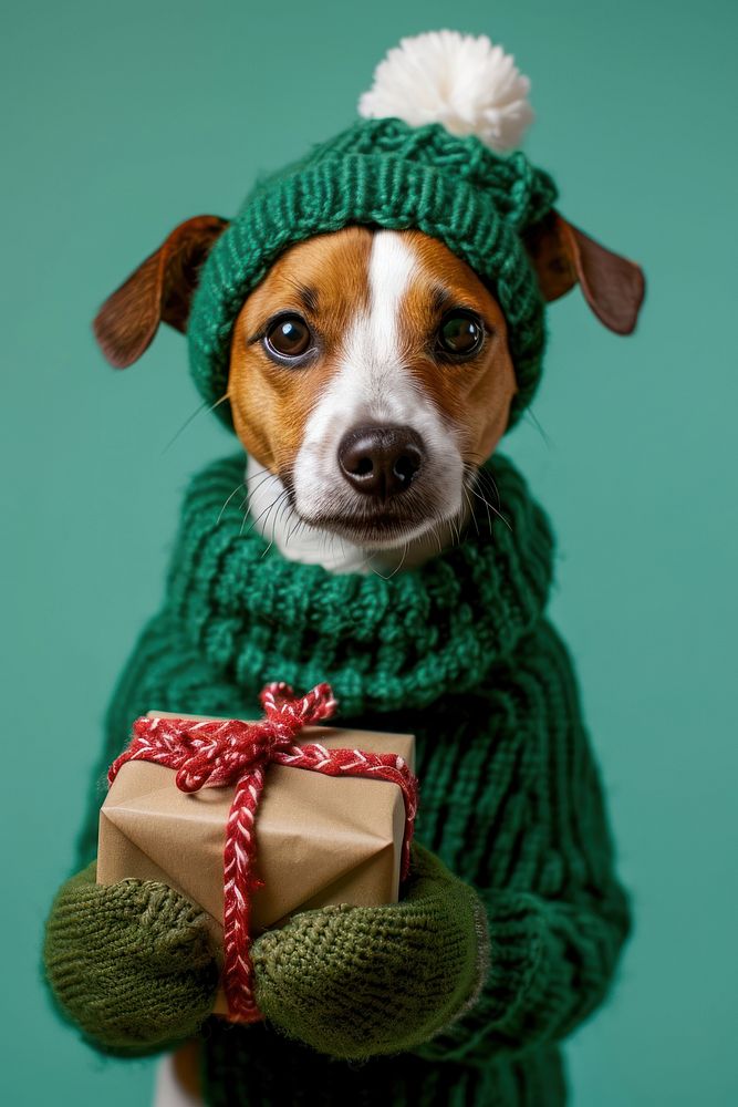 Jack russell wearing green sweater and gloves portrait mammal animal.