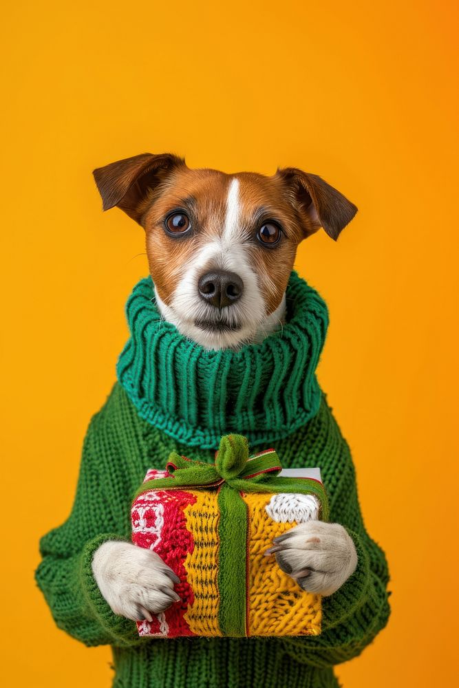 Jack russell wearing green sweater and gloves portrait holding mammal.