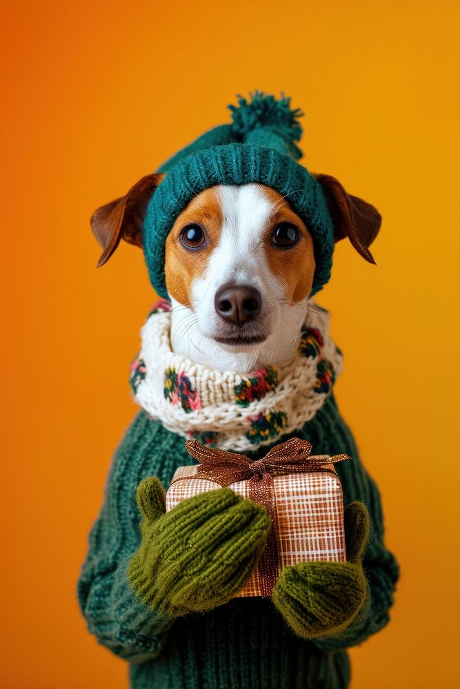 Jack russell wearing green sweater and gloves portrait animal mammal.