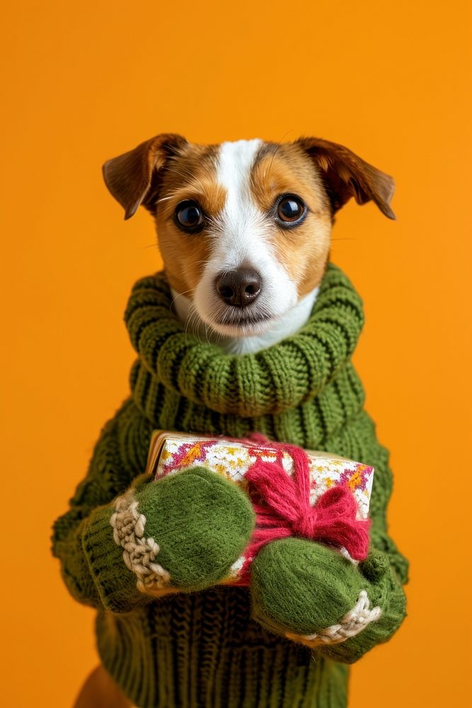 Jack russell wearing green sweater and gloves portrait mammal animal.