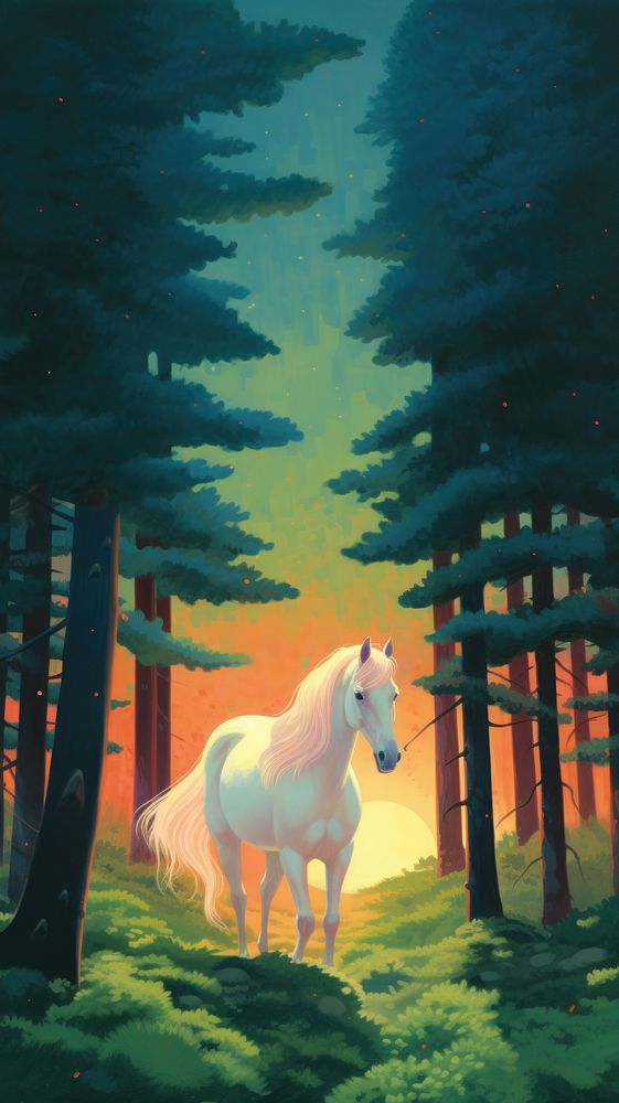 Cute horse in forest outdoors painting nature.